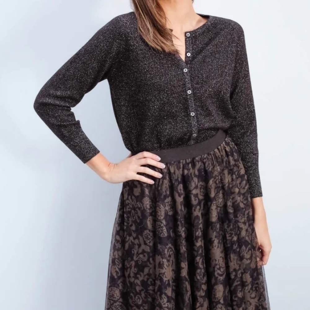 Saks Fifth Avenue Italian Wool Gold Metallic Details Black Knit Cardigan Holiday